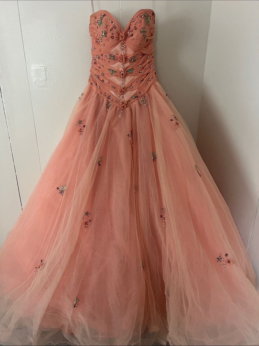 Terani Couture Coral-Peach Strapless Beaded Ball Gown